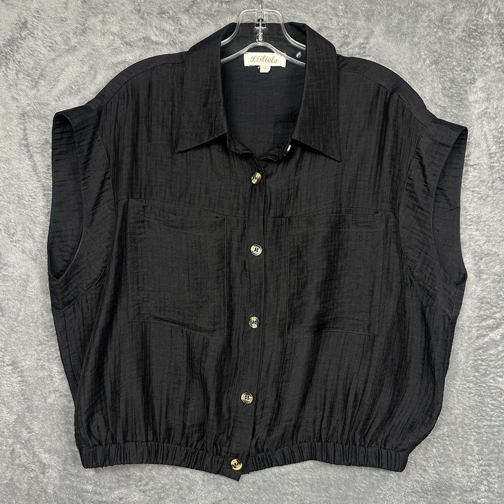 Listicle Boxy Shirt Women's Large Black‎ Collared Cropped Short-Sleeve Buttons